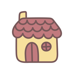 Cute yellow village house in doodle style. Simple kawaii illustration. Design element for children's products, prints on clothes, greeting cards and invitations. Flat clipart with outline