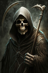 Portrait of the grim reaper with a skull face. Generative AI