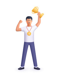 Young smiling man champion holds golden winner cup, awarded with prize, win award. Concept of goal achievement celebration. 3d vector people character illustration. Cartoon minimal style.