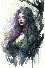 Watercolor portrait of a tree nymph with purple hair. Generative AI