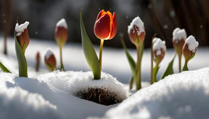 tulips grow from the snow. Generative AI