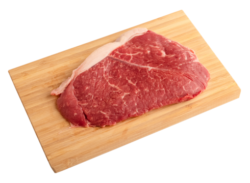 Fresh beef steak on a wooden cutting board. Isolated object on a transparent background. view from above