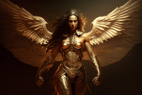 bela deusa mulher sexy com asas de anjo guerreira dourada , simbolo de sensualidade e  properidade 