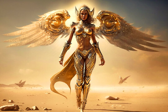 bela deusa mulher sexy com asas de anjo guerreira dourada , simbolo de sensualidade e  properidade 