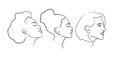 Faces profile of a girls in line-art style on a blue background. Woman faces outline. Makeup artist face template