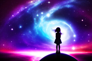 Fototapeta na wymiar Abstract Little Girl Imagining Other Worlds In A Center Of A Glowing Galaxy