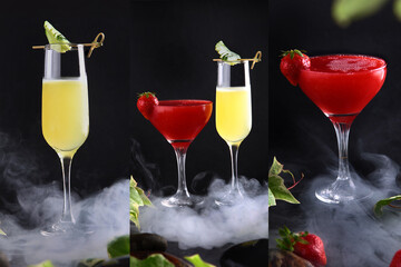 Photo collage with alcoholic cocktails. Two cocktails of yellow and red color on a black background. Cocktail based on strawberry juice. Decoration on glass of cucumber and strawberry.