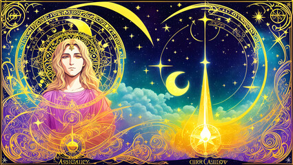 beautiful background with woman and magic colorful moon for celestial alchemy astrology Generative AI