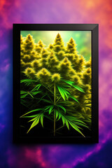 Cannabis plants in a picture frame with abstract background