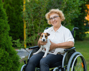 Elderly caucasian woman hugging a jack russell terrier dog while sitting in a wheelchair on a walk outdoors. 