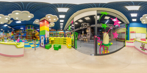 Bright entertainment center for children with toys and attractions. Children's playroom, children's center - full 360 panorama in equirectangular spherical projection, VR content. Generative Ai