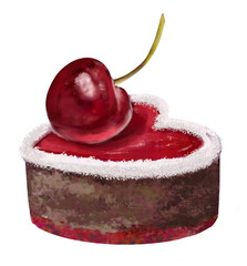 chocolate cake with cherry,watercolor illustration 