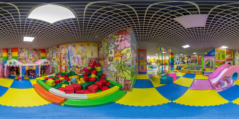Bright entertainment center for children with toys and attractions. Children's playroom, children's center - full 360 panorama in equirectangular spherical projection, VR content. Generative Ai