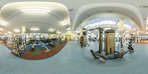 Big modern fitness gym with dumbbells weights and other sport equipment full 360 degree panorama in equirectangular spherical projection. Gym with sports equipment, fitness area. Generative Ai