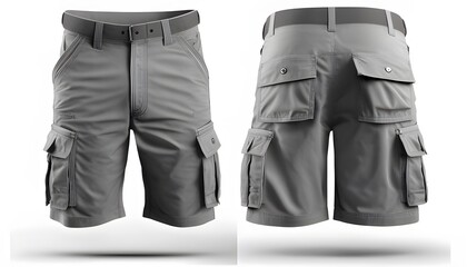 A pair of gray shorts with a belt