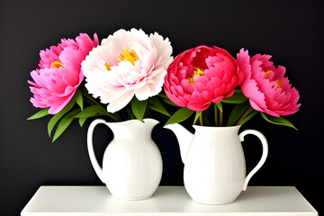 Three red peonies in a white jug on black