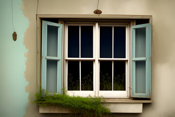Old vintage dirty window, vegetation.