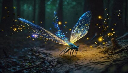 Obraz na płótnie Canvas a blue dragon flys through a forest filled with fireflies. generative ai