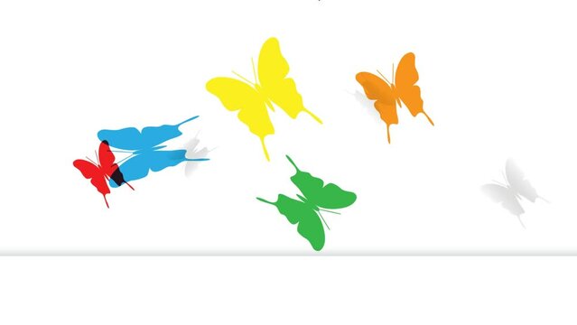 Springtime. Colorful flying butterflies on a white background. Animated abstract illustration. Seamless loop
