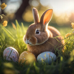 rabbit on the meadow with easter eggs