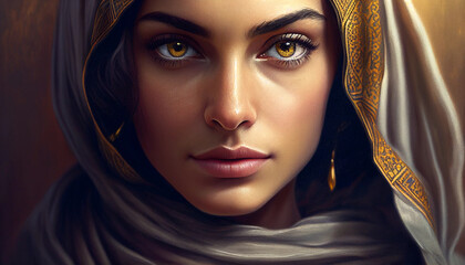Closeup portrait of an arabian woman with golden eyes and a headscarf - obrazy, fototapety, plakaty