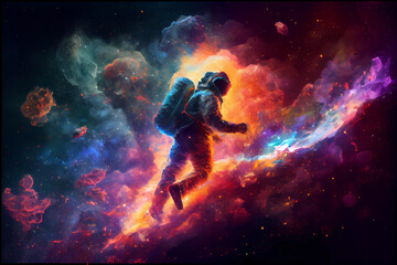 Obraz na płótnie Canvas An astronaut explodes through a colorful nebula, Generative AI