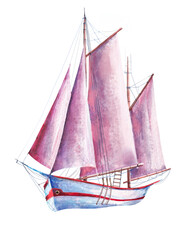 Sea sailboat with red sails, watercolor illustration