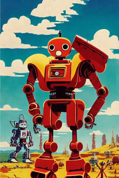 50s cartoon style photo of a huge savage skelton emopunk robot in far off galaxy, Generative AI