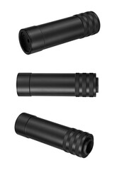 Khaki green silencer for weapons. Suppressor that is at the end of an assault rifle. Isolate on a...