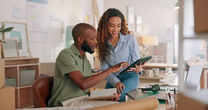 Team, creative and with tablet for planning, strategy and startup company for discussion, browse online and talking. Black man and woman with digital device typing, have conversation and innovation.