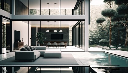 Fototapeta na wymiar Modern home exterior design with a pool. Generative AI illustration.