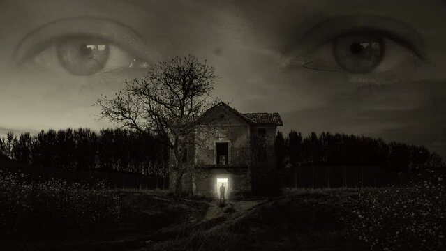 Creepy Old House Eyes Spying Man Zoom In Scary Scene Vintage Film. Face in the sky observes a man in spooky house in a eerie forest, retro style. Zoom in