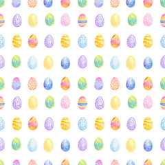 Hand painting watercolor colorful Easter eggs seamless pattern isolated on white background.