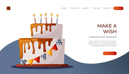 Landing page with festive cake with burning candles, melted chocolate glaze icing and flags decoration. Birthday party, celebration, holiday, event, bakery, tasty food concept. Vector for banner, web - obrazy, fototapety, plakaty