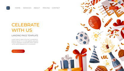Landing page with cake, champagne, cupcake, gifts, caps, confetti, balloons. Birthday party, celebration, holiday, event, festive, festive, bakery, tasty food concept. Vector for banner, website.