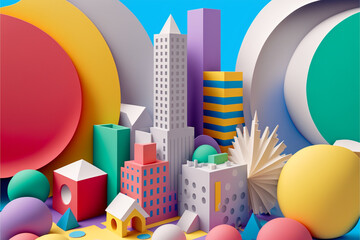 Fototapeta premium Colorful Paper craft Abstract City Background Illustration, Pop Art style, Generative AI