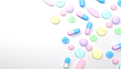 Multicolored pills and tablets isolated on white. Medical background, top view, healthcare and medicine concept. Heap of medicine pills. Background from colorful pills and capsules.