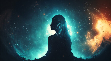 Obraz premium Silhouette of woman in the position of a lotus flower against the background of a magical sky. Meditation and relaxation illustration. Freeing your thoughts. Thinking about the universe. Generative AI