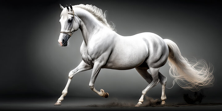 A peaceful, white horse stands against a grey background - generative ai.