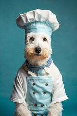 70s style dog dressed in a chef's outfit, Generative AI