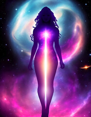universe meta human goddess spirit silhouette on galaxy space background, new quality colorful spiritual stock image illustration wallpaper design, Generative AI  