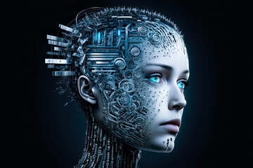 Obraz premium &nbsp;Artificial intelligence in the humanoid head. Artificial Intelligence, Robotics, Technology, Innovation, Science, Futuristic, Cyborg, Machine, Robotic, Future, Generative Ai, Digital, Concept.