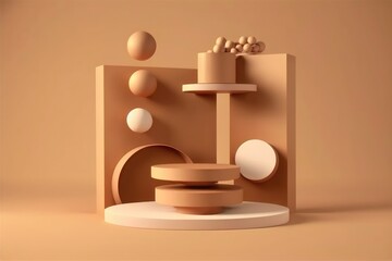 3D podium display on beige with levitation objects. AI generation