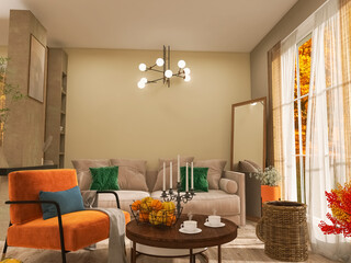 Room interior, thanksgiving day 3d render, 3d illustration