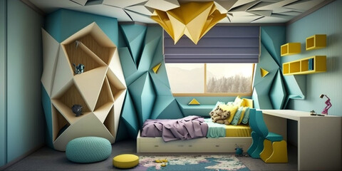Modern children's room with geometric wall art, plush sofa, and vibrant yellow accents.
