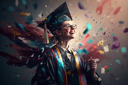 Excited graduate cheering with colorful confetti in the air, conveying a sense of achievement and happiness.