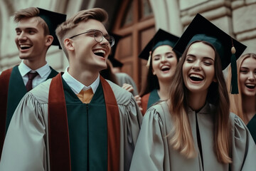 Fototapeta premium Happy graduates, students. Joyful graduates laughing and enjoying their success outside an academic building, in caps and gowns.