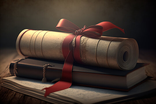 Book and graduate scroll with red ribbon. Vintage-style diplomas tied with a red ribbon on old books, suggesting academic achievement.