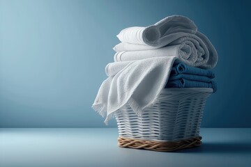 Stack of fresh clean towels in the wicker basket on the table. AI generation