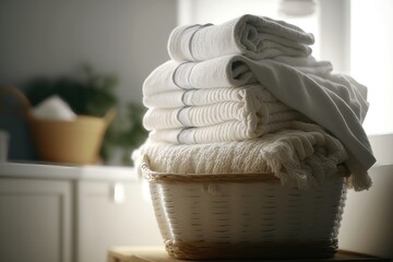 Fototapeta na wymiar Stack of fresh clean towels in the wicker basket on the table. AI generation